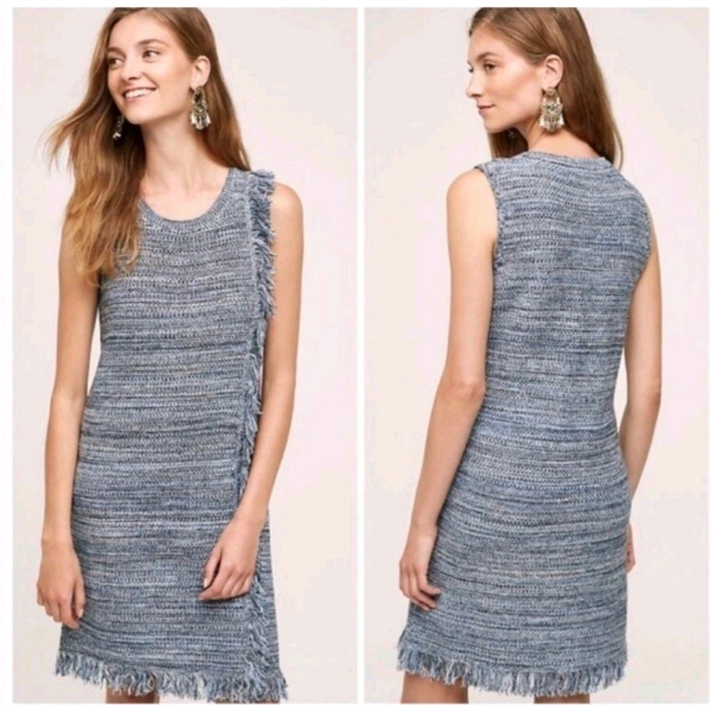Anthropologie Holding Horses Blue White Fringe Knit Dress L nwt